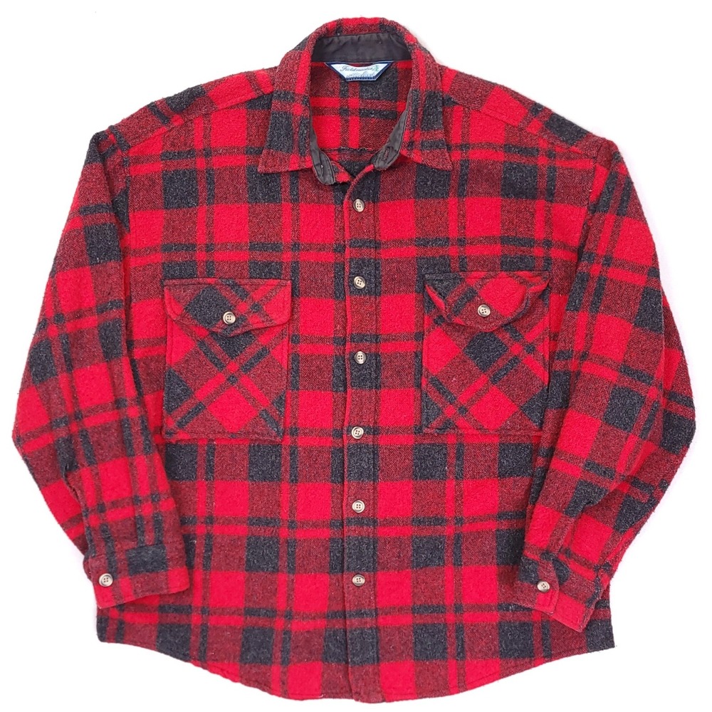Fieldmaster Mens Red Black Buffalo Plaid‎ Wool Blend Flannel Shirt Large Vintage